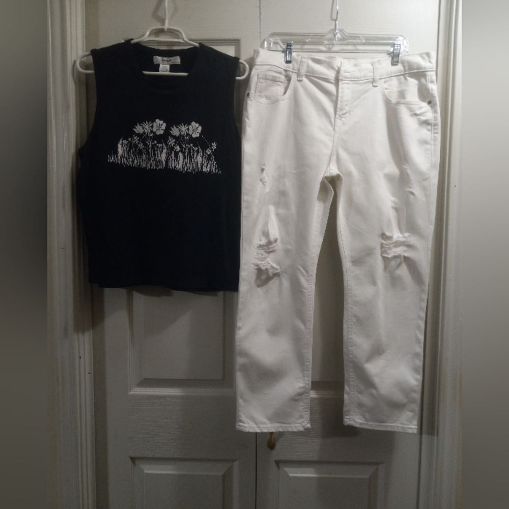 Old Navy White Distressed Jeans: L & KIKR Black Floral Top: XL Set